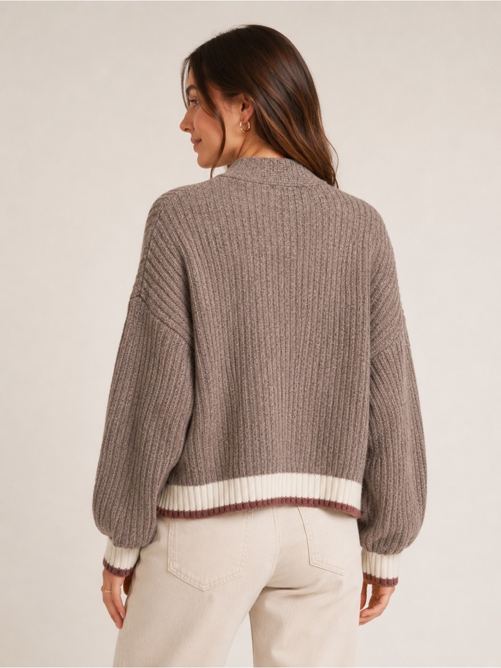Rachel Zoe Taupe, Cream &‎ Beige Argyle Knit Cardigan - Picture 2 of 10